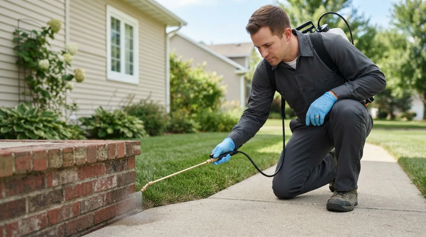 Pest control technician treating a home near Jonesville, TX
