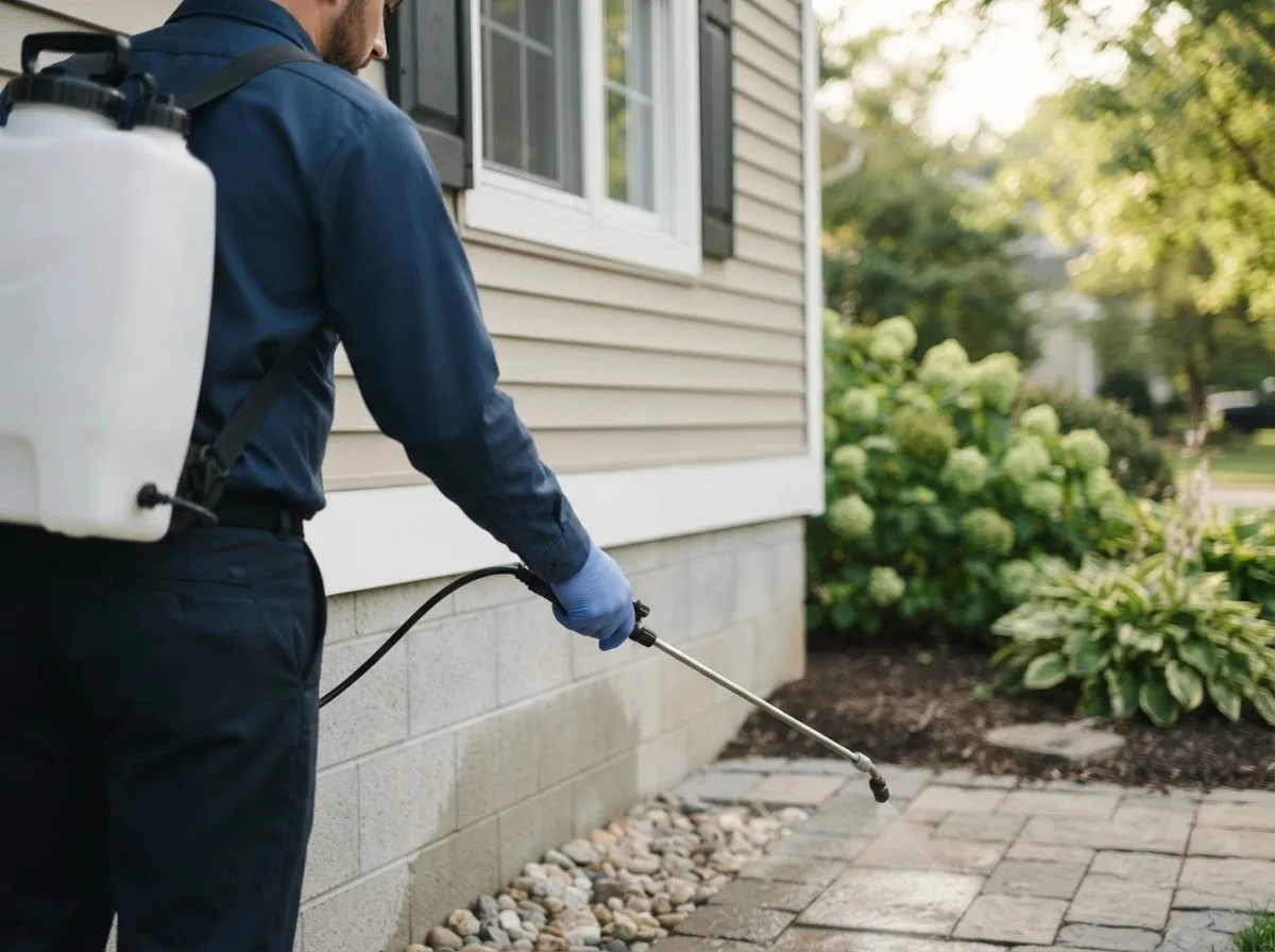 Pest control technician inspecting a home in Jonesville, TX